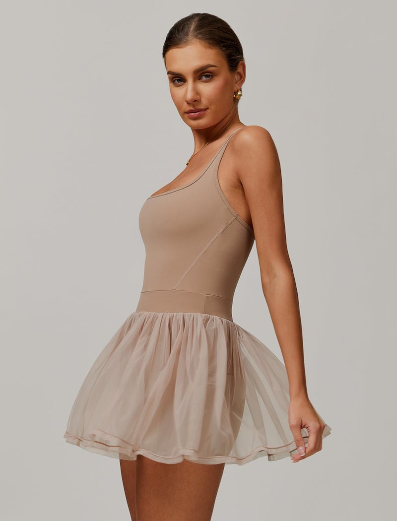 ABOCIW Womens Square Neck Tennis Dress Racerback Mesh Hem Sleeveless Golf Athletic Dress Built in Shorts and Bra Khaki Medium - Image 4