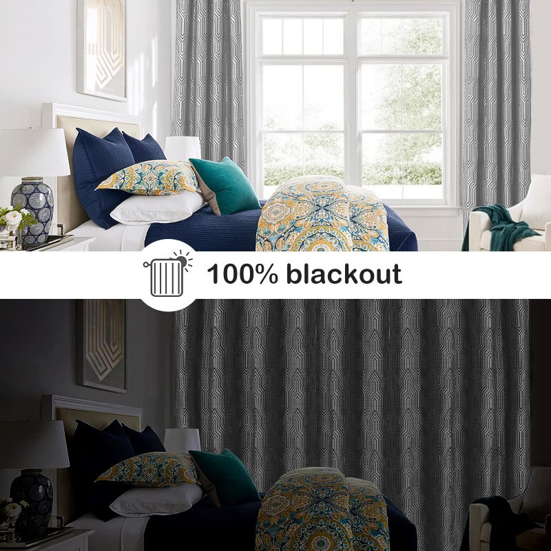 Drapexpert Light Grey and Silvery 100% Blackout Jacquard Geometric Pattern Curtains,52 Inch Wide 96 Inches Length 2 Panels, Thermal Insulated Noise Reducing Anti-Rust Grommet Drapes for Bedroom Living Room - Image 2