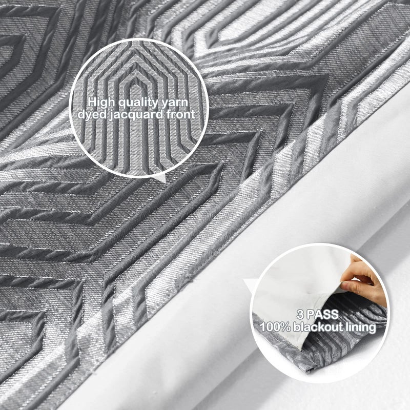 Drapexpert Light Grey and Silvery 100% Blackout Jacquard Geometric Pattern Curtains,52 Inch Wide 96 Inches Length 2 Panels, Thermal Insulated Noise Reducing Anti-Rust Grommet Drapes for Bedroom Living Room - Image 3