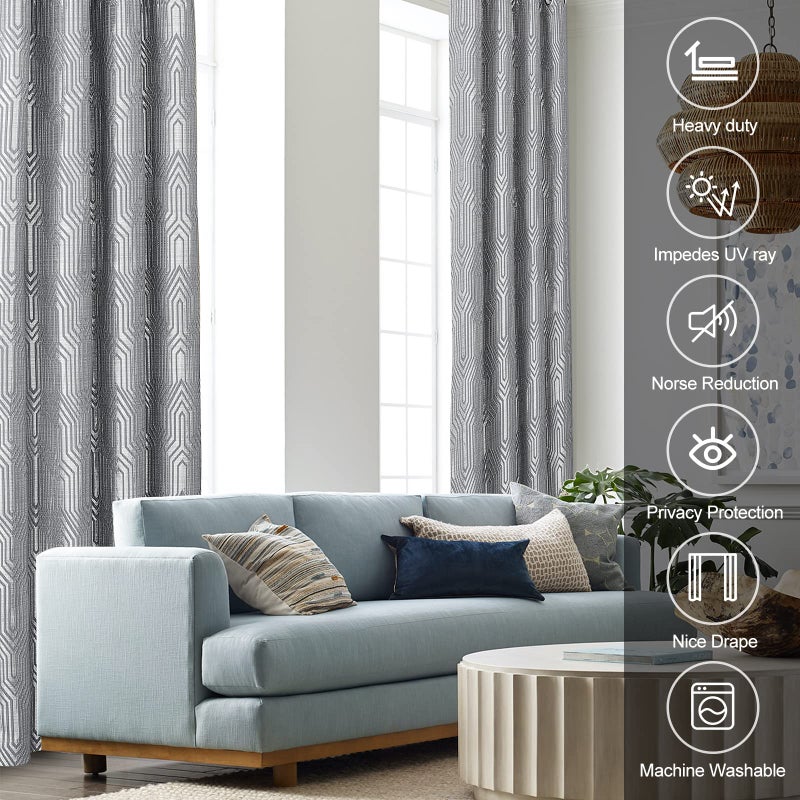 Drapexpert Light Grey and Silvery 100% Blackout Jacquard Geometric Pattern Curtains,52 Inch Wide 96 Inches Length 2 Panels, Thermal Insulated Noise Reducing Anti-Rust Grommet Drapes for Bedroom Living Room - Image 4