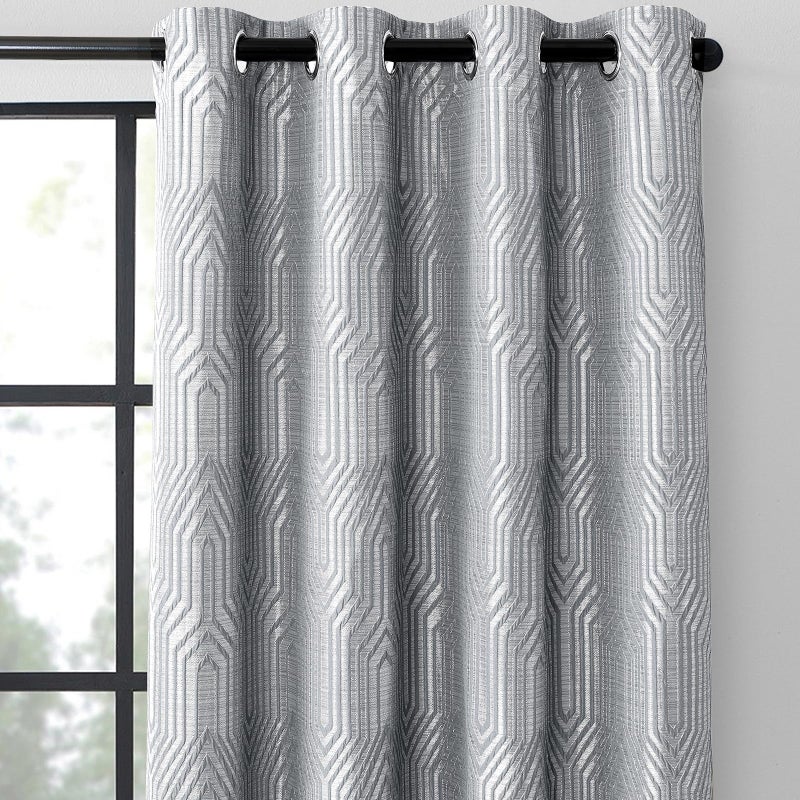 Drapexpert Light Grey and Silvery 100% Blackout Jacquard Geometric Pattern Curtains,52 Inch Wide 96 Inches Length 2 Panels, Thermal Insulated Noise Reducing Anti-Rust Grommet Drapes for Bedroom Living Room - Image 1