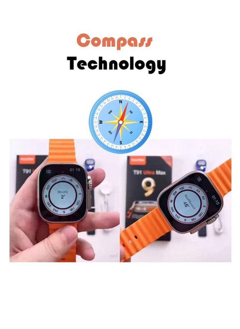 Haino Teko Germany T91 Ultra Max HD Full Screen Display Smart Watch 49mm with Digital Tally Counter and Black and Orange Color Strap for Men's and Boys