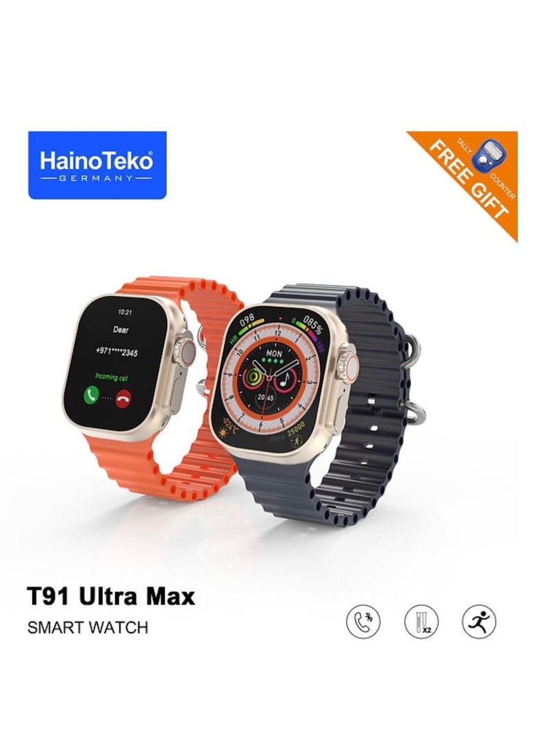 Haino Teko Germany T91 Ultra Max HD Full Screen Display Smart Watch 49mm with Digital Tally Counter and Black and Orange Color Strap for Men's and Boys