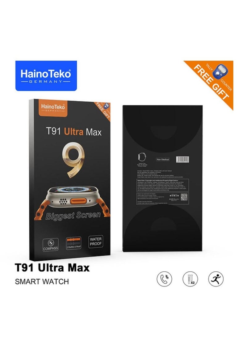 Haino Teko Germany T91 Ultra Max HD Full Screen Display Smart Watch 49mm with Digital Tally Counter and Black and Orange Color Strap for Men's and Boys