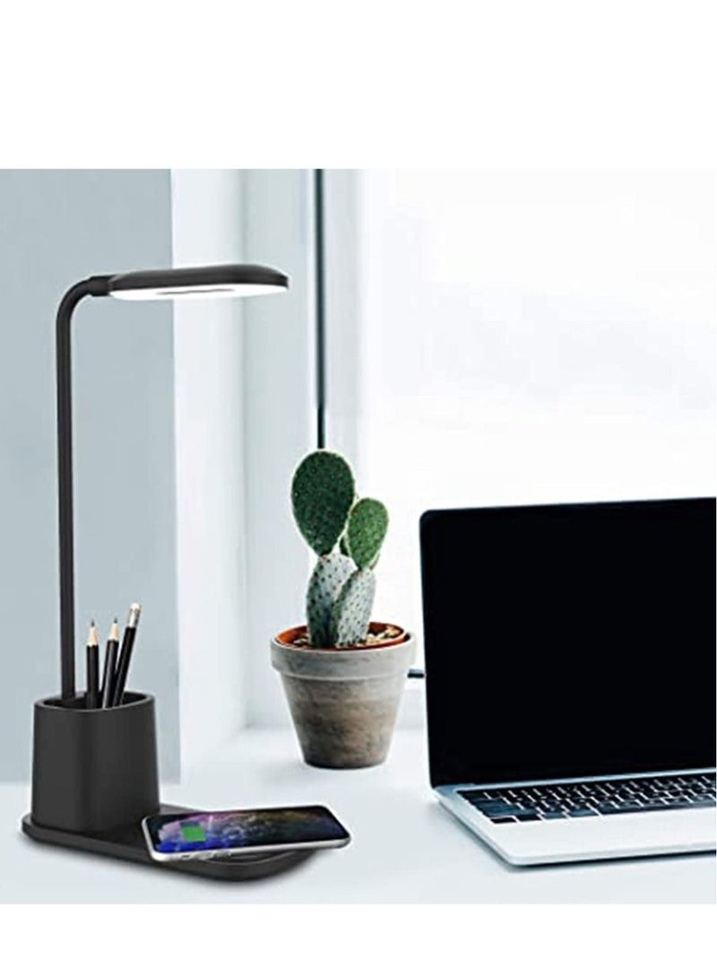 Captaintech LED Desk Lamp with Wireless Charger Adjustable USB Powered Reading Light Dimmable Eye Caring Desktop Lamp with Organizer 3 Brightness Levels Black Desk Light for Home, Office, Bedroom - Image 1