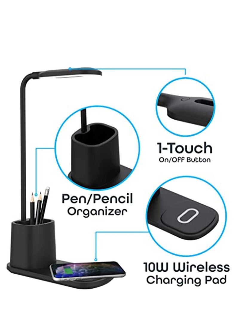 Captaintech LED Desk Lamp with Wireless Charger Adjustable USB Powered Reading Light Dimmable Eye Caring Desktop Lamp with Organizer 3 Brightness Levels Black Desk Light for Home, Office, Bedroom - Image 3