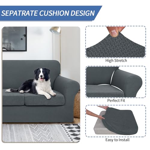 JIVINER 3 Pieces Couch Covers for 2 Cushion Couch Stretch Sofa Cover with 2 Extra Large Seat Cushion Covers Thick Fitted Loveseat Sofa Slipcovers for Living Room (XL Loveseat, Dark Gray) - Image 3