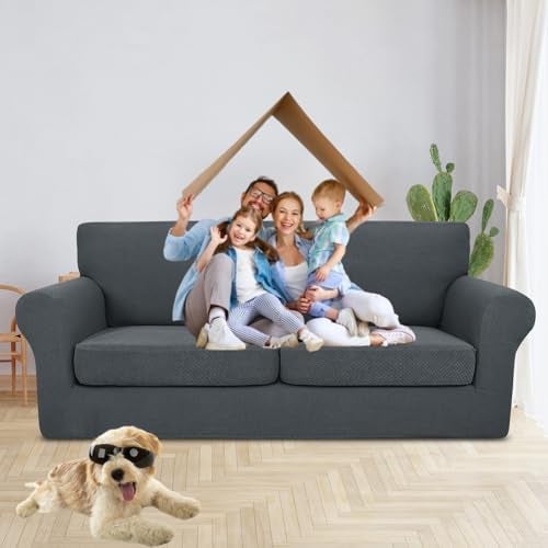 JIVINER 3 Pieces Couch Covers for 2 Cushion Couch Stretch Sofa Cover with 2 Extra Large Seat Cushion Covers Thick Fitted Loveseat Sofa Slipcovers for Living Room (XL Loveseat, Dark Gray) - Image 2