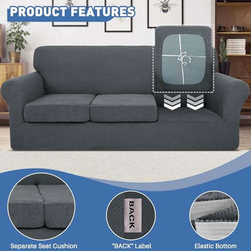 JIVINER 3 Pieces Couch Covers for 2 Cushion Couch Stretch Sofa Cover with 2 Extra Large Seat Cushion Covers Thick Fitted Loveseat Sofa Slipcovers for Living Room (XL Loveseat, Dark Gray) - Image 4