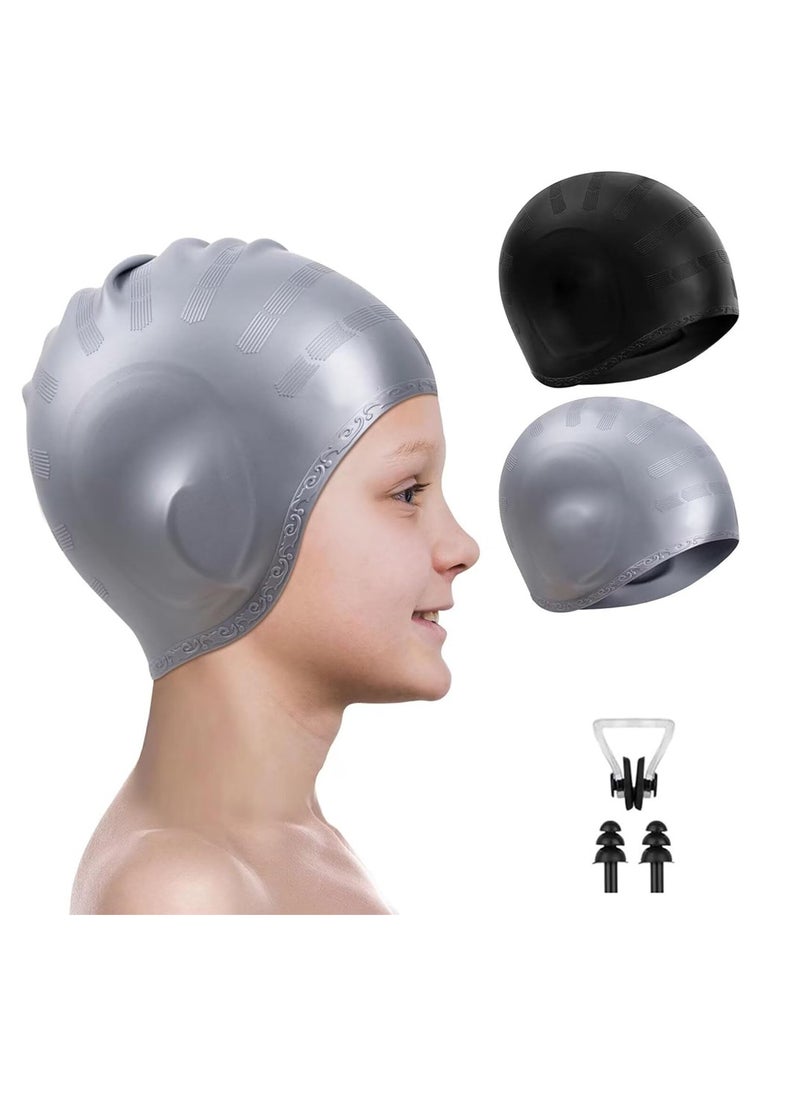 SänHahn 2 Pack Kids Swim Caps for Boys Girls, Durable Silicone Swimming Cap with 3D Ear Pockets for Age 8-15 Youth Teen & Adults, Unisex Swim Bath Hats for Short/Long Hair with Ear Plugs Nose Clip - (Gray&Black)  - Image 2