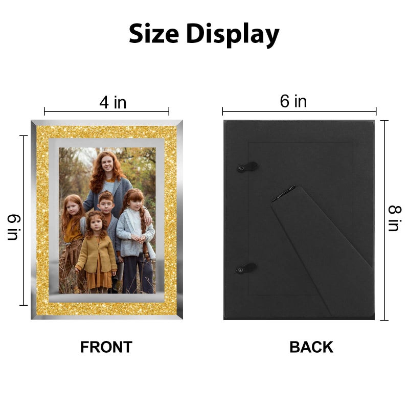 HIKWADERY 4x6 Picture Frames Gold - Set of 2  Sparkle Real Glass Photo Frame 4 by 6 with Silver Mirrored Edge  for Tabletop Display (4 x 6  Glitter Gold) - Image 4