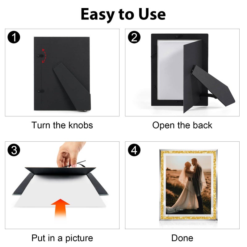 HIKWADERY 4x6 Picture Frames Gold - Set of 2  Sparkle Real Glass Photo Frame 4 by 6 with Silver Mirrored Edge  for Tabletop Display (4 x 6  Glitter Gold) - Image 5