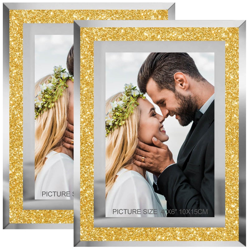 HIKWADERY 4x6 Picture Frames Gold - Set of 2  Sparkle Real Glass Photo Frame 4 by 6 with Silver Mirrored Edge  for Tabletop Display (4 x 6  Glitter Gold) - Image 1