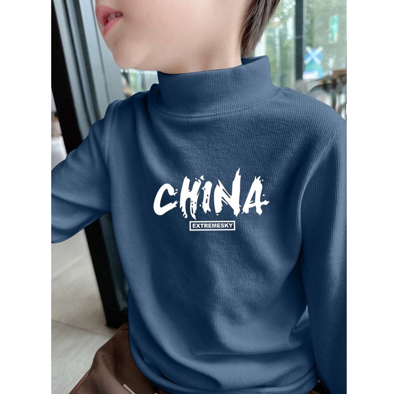 Children'S Half-High Collar Boys' Casual All-Match Long-Sleeved Base Shirt Printed Styish Casual T-Shirt Men'S Top Trendy T-Shirt - Image 1