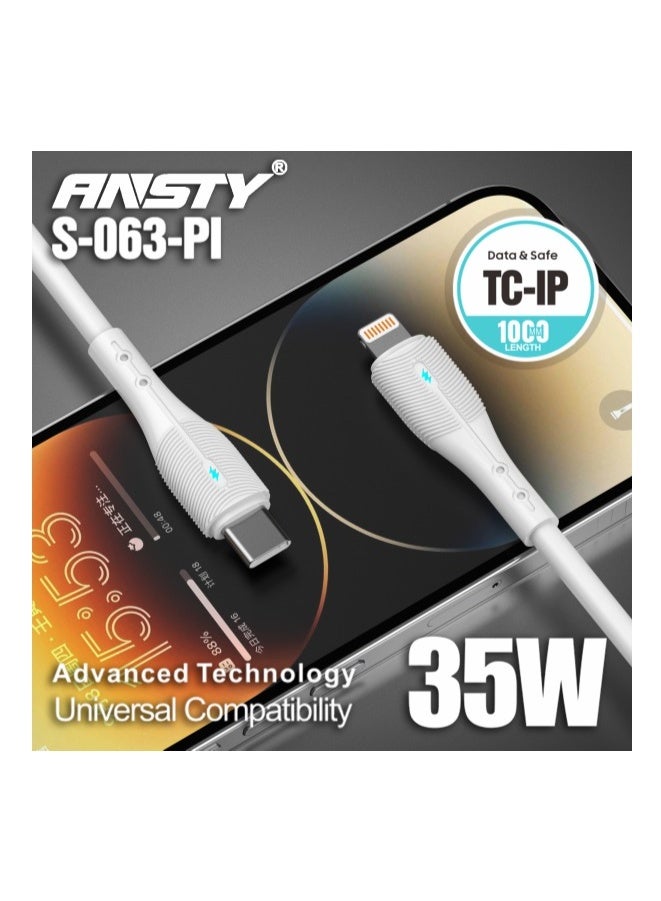 ANSTY S-063-PI Silicone Lightning Cable - 35W Fast Charge (PD), Soft Touch & Tangle-Free, Reinforced Durable Design - Image 1