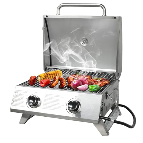 BBQCuker Small Tabletop Gas Grill 2-Burner, Portable Propane Gas Grill with Foldable Legs for Outdoor Camping Cooking Two 10,000 BTU Burners Stainless Steel,Built-in Thermometer - Image 1