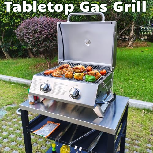 BBQCuker Small Tabletop Gas Grill 2-Burner, Portable Propane Gas Grill with Foldable Legs for Outdoor Camping Cooking Two 10,000 BTU Burners Stainless Steel,Built-in Thermometer - Image 2
