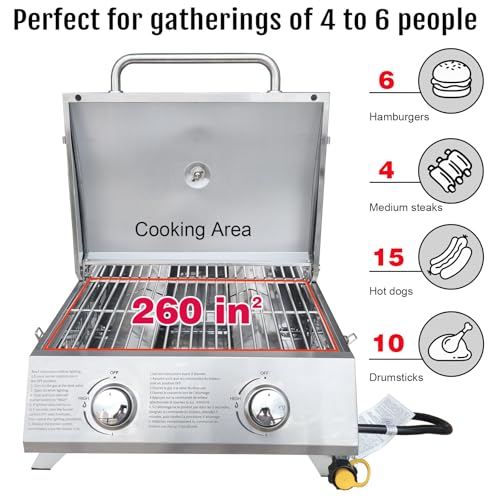 BBQCuker Small Tabletop Gas Grill 2-Burner, Portable Propane Gas Grill with Foldable Legs for Outdoor Camping Cooking Two 10,000 BTU Burners Stainless Steel,Built-in Thermometer - Image 4