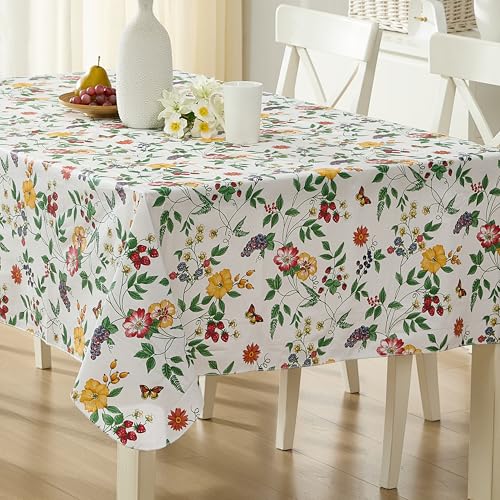 Lintex English Berry Garden Heavy 4 Gauge Vinyl Flannel Backed Tablecloth, Strawberry Garden Floral Indoor/Outdoor Wipe Clean Picnic, Kitchen, Dining Room Tablecloth - 52" x 52" Square - Image 1