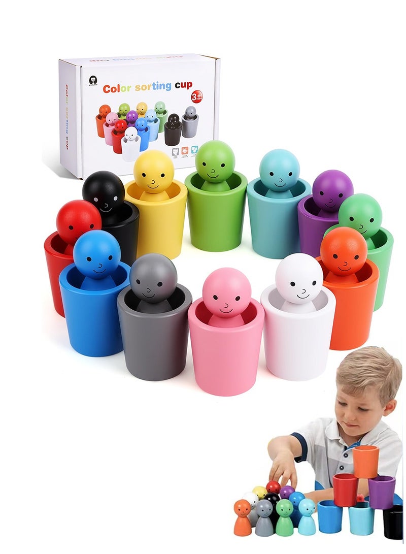 24pcs Color Sorting Cups, Wooden Color Sorting Sensory Toys, Stacking Cup Toys for Kids Ages 3-6, Preschool Learning Education Montessori Sensory Training Activity Toys  - Image 1