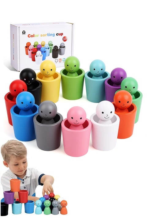 24pcs Color Sorting Cups, Wooden Color Sorting Sensory Toys, Stacking Cup Toys for Kids Ages 3-6, Preschool Learning Education Montessori Sensory Training Activity Toys