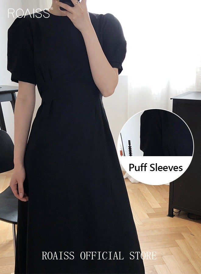 roaiss Women's Dress Lightweight Crew Neck A-Line  Vintage Puff Sleeve Short Sleeve High-Rise Waist-Cinching Dress Covering Hip Long Skirt for Ladies Elegant Temperament Casual Outfit  - Image 3