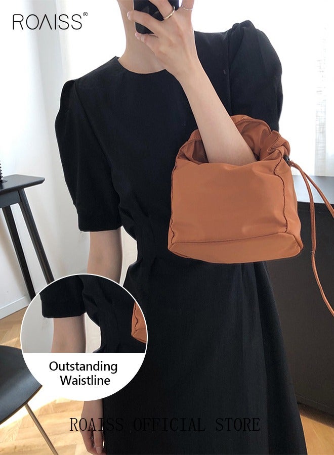 roaiss Women's Dress Lightweight Crew Neck A-Line  Vintage Puff Sleeve Short Sleeve High-Rise Waist-Cinching Dress Covering Hip Long Skirt for Ladies Elegant Temperament Casual Outfit  - Image 2