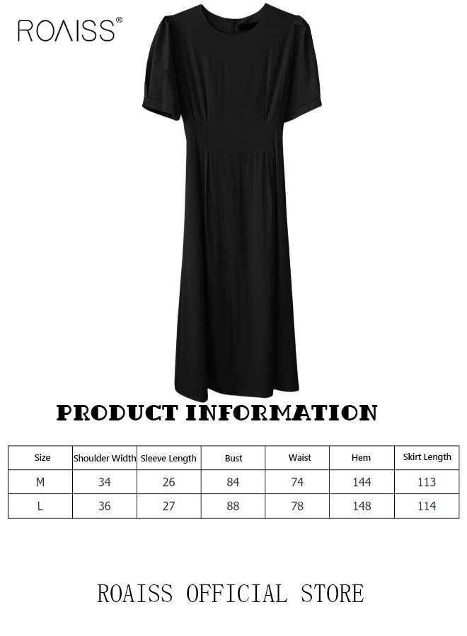 roaiss Women's Dress Lightweight Crew Neck A-Line  Vintage Puff Sleeve Short Sleeve High-Rise Waist-Cinching Dress Covering Hip Long Skirt for Ladies Elegant Temperament Casual Outfit  - Image 5