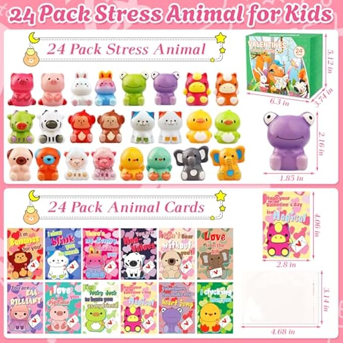 Adisher 24 Pack Valentines Day Gifts for Kids, Valentines Cards for Kids Classroom with Animal Squishy Toys Slow Rising Stress Relief Fidget Toys Valentines Exchange Gifts Classroom Valentines Party Favors - Image 2