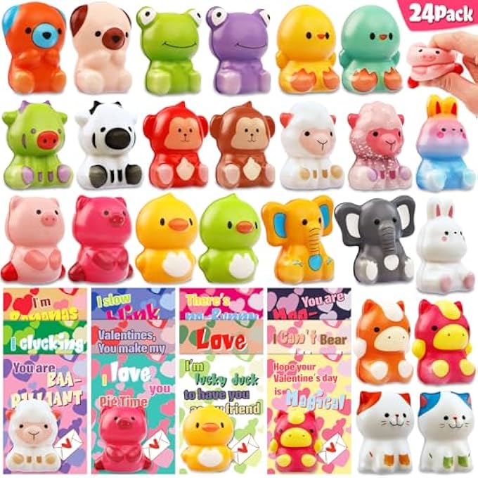 Adisher 24 Pack Valentines Day Gifts for Kids, Valentines Cards for Kids Classroom with Animal Squishy Toys Slow Rising Stress Relief Fidget Toys Valentines Exchange Gifts Classroom Valentines Party Favors - Image 1