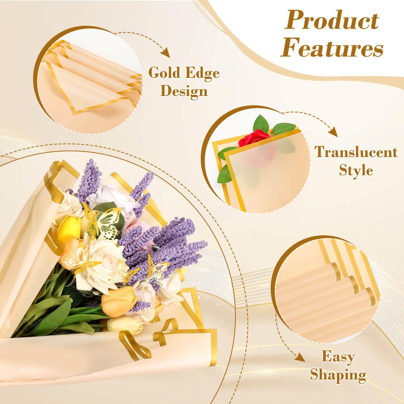 cridoz 20 Sheets Flower Bouquet Wrapping Paper with 12 Pieces Gold Butterfly Decorations for Flower Bouquets, Gift Wrapping(Champagne) - Image 3