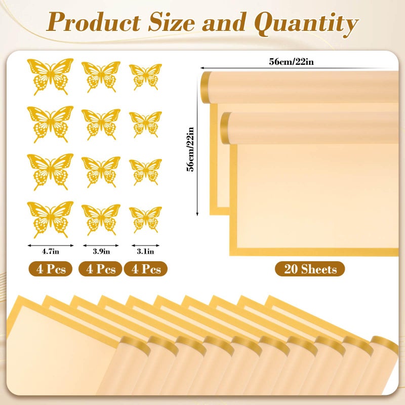 cridoz 20 Sheets Flower Bouquet Wrapping Paper with 12 Pieces Gold Butterfly Decorations for Flower Bouquets, Gift Wrapping(Champagne) - Image 2