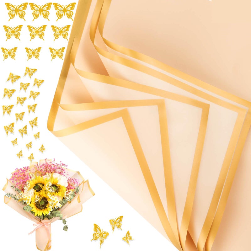 cridoz 20 Sheets Flower Bouquet Wrapping Paper with 12 Pieces Gold Butterfly Decorations for Flower Bouquets, Gift Wrapping(Champagne) - Image 1