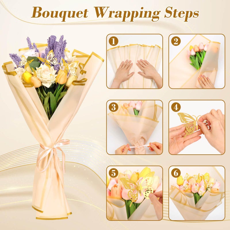 cridoz 20 Sheets Flower Bouquet Wrapping Paper with 12 Pieces Gold Butterfly Decorations for Flower Bouquets, Gift Wrapping(Champagne) - Image 5