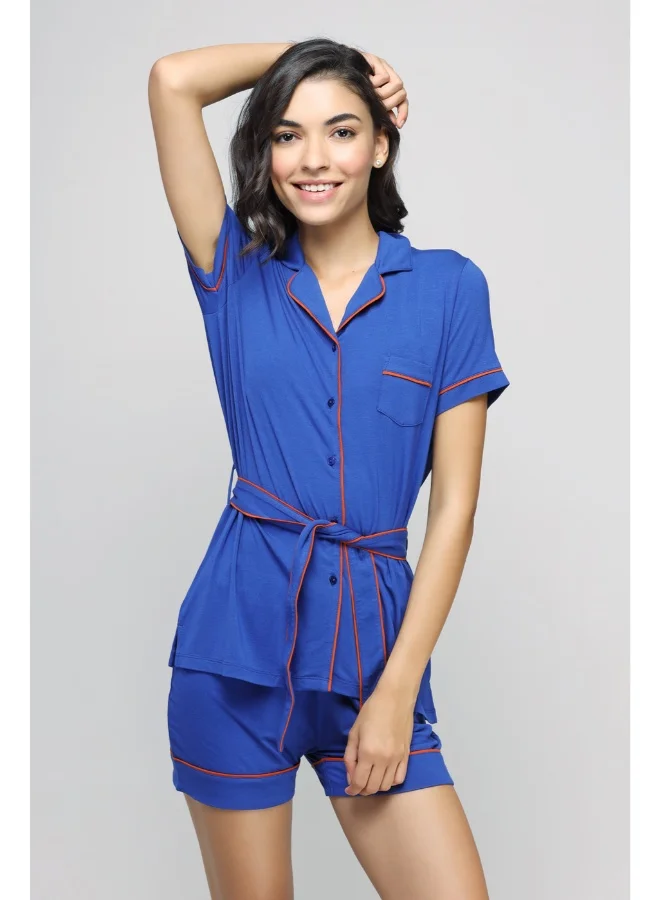 Perky Blue Button-Down Belted Top