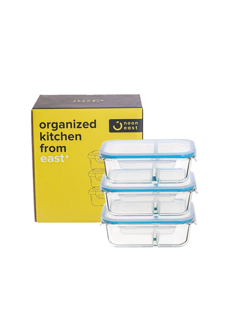 3 Pack Borosilicate Glass Food Storage Containers with 2 Compartments, Stackable Airtight Glass Meal Prep Containers for Lunch & Leftover, BPA-Free & Leak Proof, for Microwave, Oven, Dishwasher, Blue 950ml