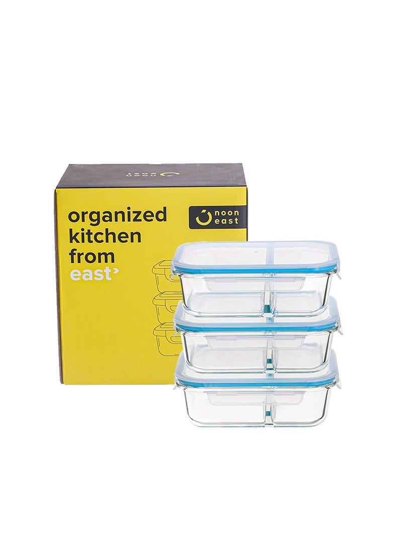 ايست من نون 3 عبوات من حاويات تخزين الطعام الزجاجية بوروسيليكات مع 2 قسم، حاويات زجاجية محكمة الإغلاق قابلة للتكديس لتحضير الوجبات للغداء وبقايا الطعام، خالية من BPA ومضادة للتسرب، للاستخدام في الميكروويف، الفرن، وغسالة الصحون، سعة 950 مل، باللون الأزرق - Image 1