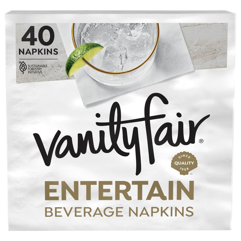 Vanity Fair Entertain Beverage Paper Napkins White 2Ply 40 Count 49 x 49 Disposable Napkins for Entertaining