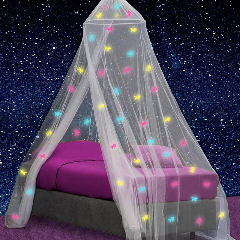 UB-STORE UBSTORE Canopy for Girls Bed with PreGlued Glow in The Dark Unicorns  Princess Mosquito Net Room Decor  Kids  Baby Bedroom Tent with Galaxy Lights  1 Opening Canopy Bed  Hanging Kit Included