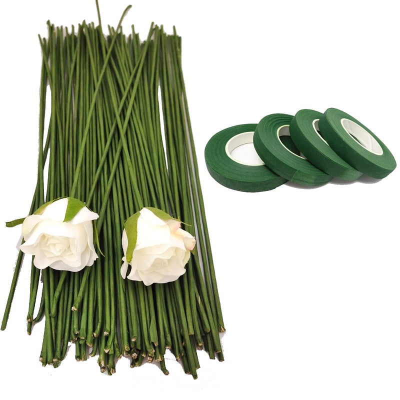 3A Featuretail 12 Inch Dark Green Floral Stem Wire Crafting Floral Paper Wrapped Wire for Artificial Flowers Making, Plant Stub Stem (100 pc wire & 4pc Tape, Green Floral Wire with Green Floral Tape) - Image 4