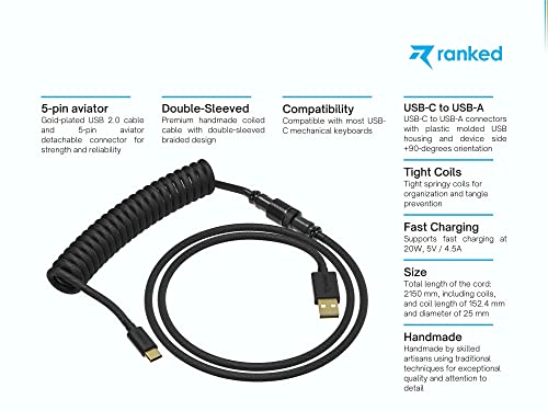 Ranked Coiled Keyboard Cable | Handcrafted Double-Sleeved Braided Cable | USB Type C to A | 5-Pin Aviator Connector for Custom Mechanical Gaming Keyboard | Support Fast Charge 20W (Black) - Image 2