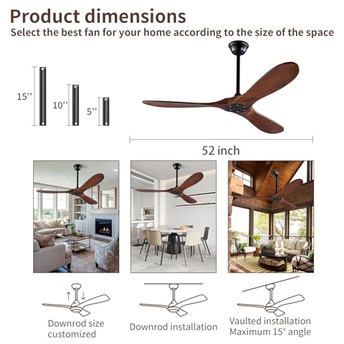 Zronon 52 Inch Ceiling Fan No Light, Wood Outdoor Ceiling Fans for Patios Living Room Bedroom, Indoor Modern 3 Blade Propeller Wet Rated Ceiling Fan without Lights with Remote (Walnut) - Image 5