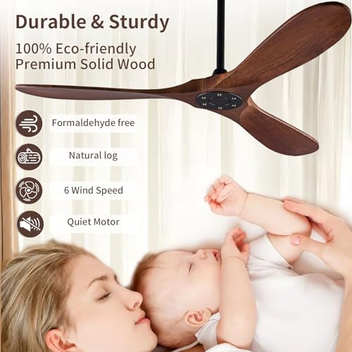 Zronon 52 Inch Ceiling Fan No Light, Wood Outdoor Ceiling Fans for Patios Living Room Bedroom, Indoor Modern 3 Blade Propeller Wet Rated Ceiling Fan without Lights with Remote (Walnut) - Image 2