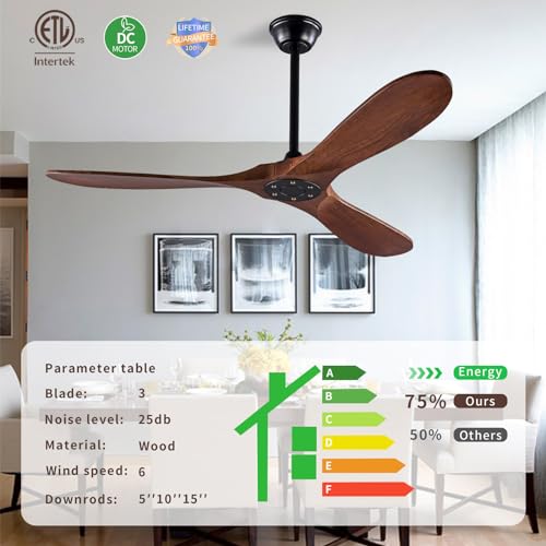Zronon 52 Inch Ceiling Fan No Light, Wood Outdoor Ceiling Fans for Patios Living Room Bedroom, Indoor Modern 3 Blade Propeller Wet Rated Ceiling Fan without Lights with Remote (Walnut) - Image 3