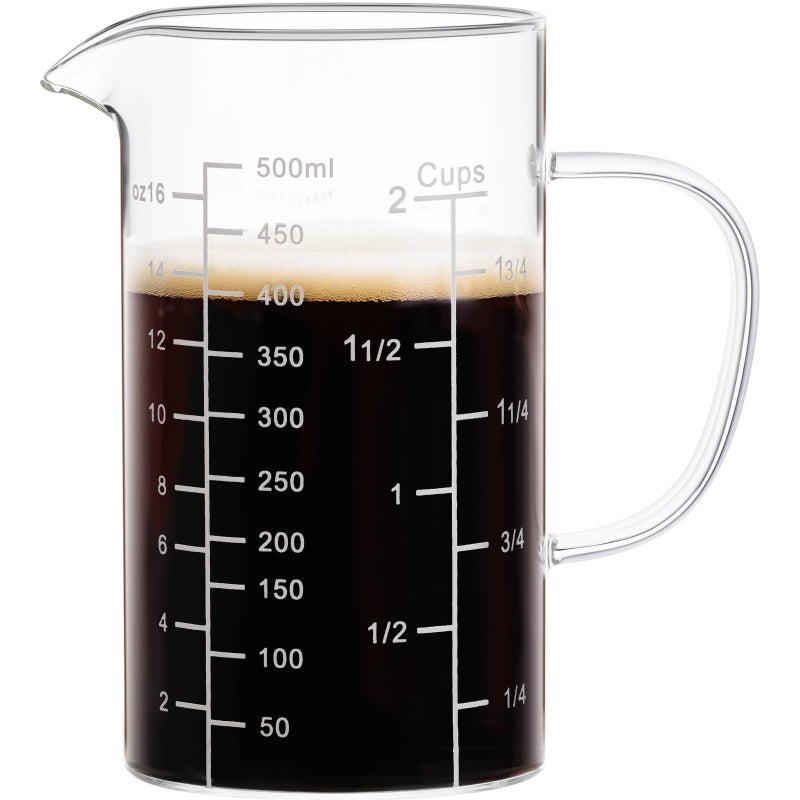 PARACITY 2 Cup Glass Measuring Cup Liquid Measuring Cups with three Scale and VShaped Mouth Glass Coffee Cups with Handle Glass Beaker for Kitchen or Restaurant 500 ML