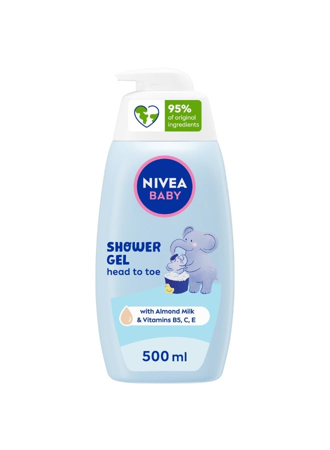 Nivea Baby Head To Toe Shower Gel 500ml Gentle Cleansing with Almond Milk and Vitamins B5 C E Hypoallergenic Formula 95 Percent Natural Ingredients No Tears Vegan - Image 1