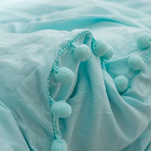 IHOUSTRIY Kid's Duvet Cover Twin Size,100% Washed Microfiber 2pcs Bedding Duvet Cover Set, Pom Poms Fringe Solid Color Soft and Breathable with Zipper Closure & Corner Ties (Twin, Turquoise Blue) - Image 5