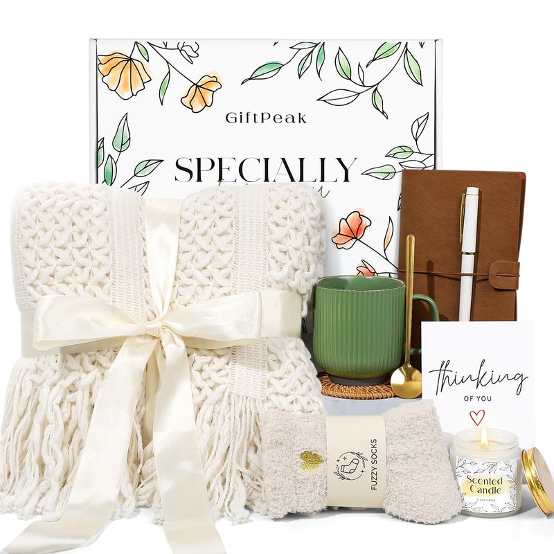 GiftPeak Get Well Soon Gifts for Women, Sympathy Gift Baskets, Thinking of You Care Package, Sending Hugs Box, After Surgery Feel Better Gifts with Snuggly Knitted Tassel Blanket (Ivory) - Image 1