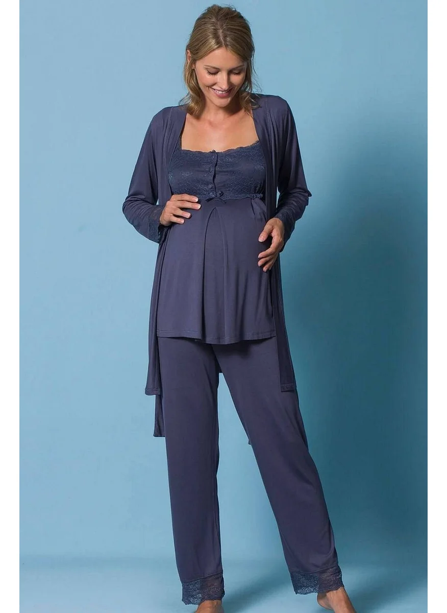 Monamise 18211 Maternity Postpartum Pajamas Set - Navy Blue