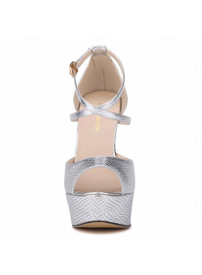 Loquat صنادل هول ذات كعب عالٍ ومنصة مزخرفة بتصميم تمساح 14 سم فضية - Image 4